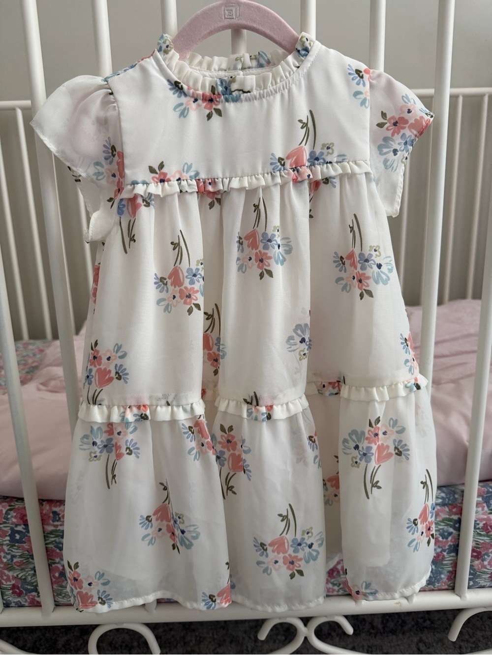 Carter's White Floral Ruffle Tiered Dress with Pink & Blue Blooms